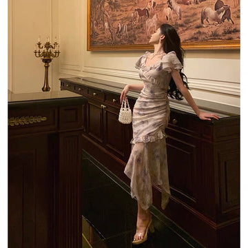 Mermaid V neckline Short Sleeves Date Night Dress Prom Dresses Floral Birthday Party Outfit SD856